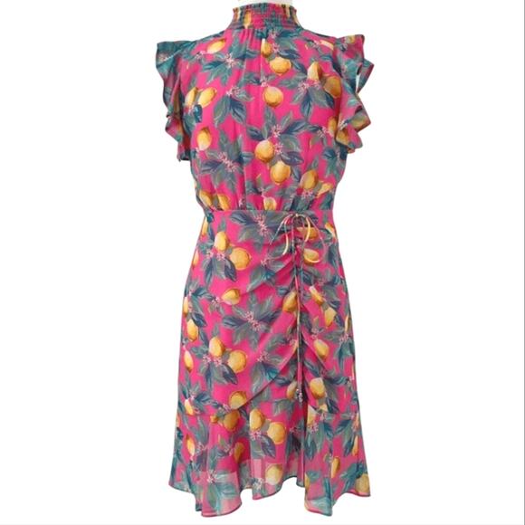 NWT Sam Edelman Pink Tropical Lemon Print Chiffon High Neck Ruffled Dress SZ 10 - Picture 1 of 12
